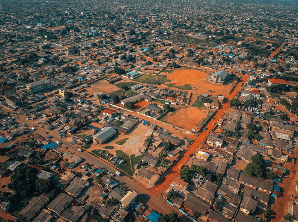 A drone shot of the vast landscape of Ghana, Accra.