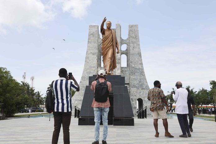 Tourists visit the Kwame Nkrumah Memorial Park in Accra, capital of Ghana, July 4, 2023. Ghana on Tuesday reopened the Kwame Nkrumah Memorial Park, a major cultural heritage in the capital city of Accra to memorize the country's first president, in the hope of boosting tourism. The park, first opened in 1992, has just completed its refurbishment under the Ghanaian government's five-year project to boost tourism and hospitality as critical drivers of socio-economic development. (Photo by Seth/Xinhua)